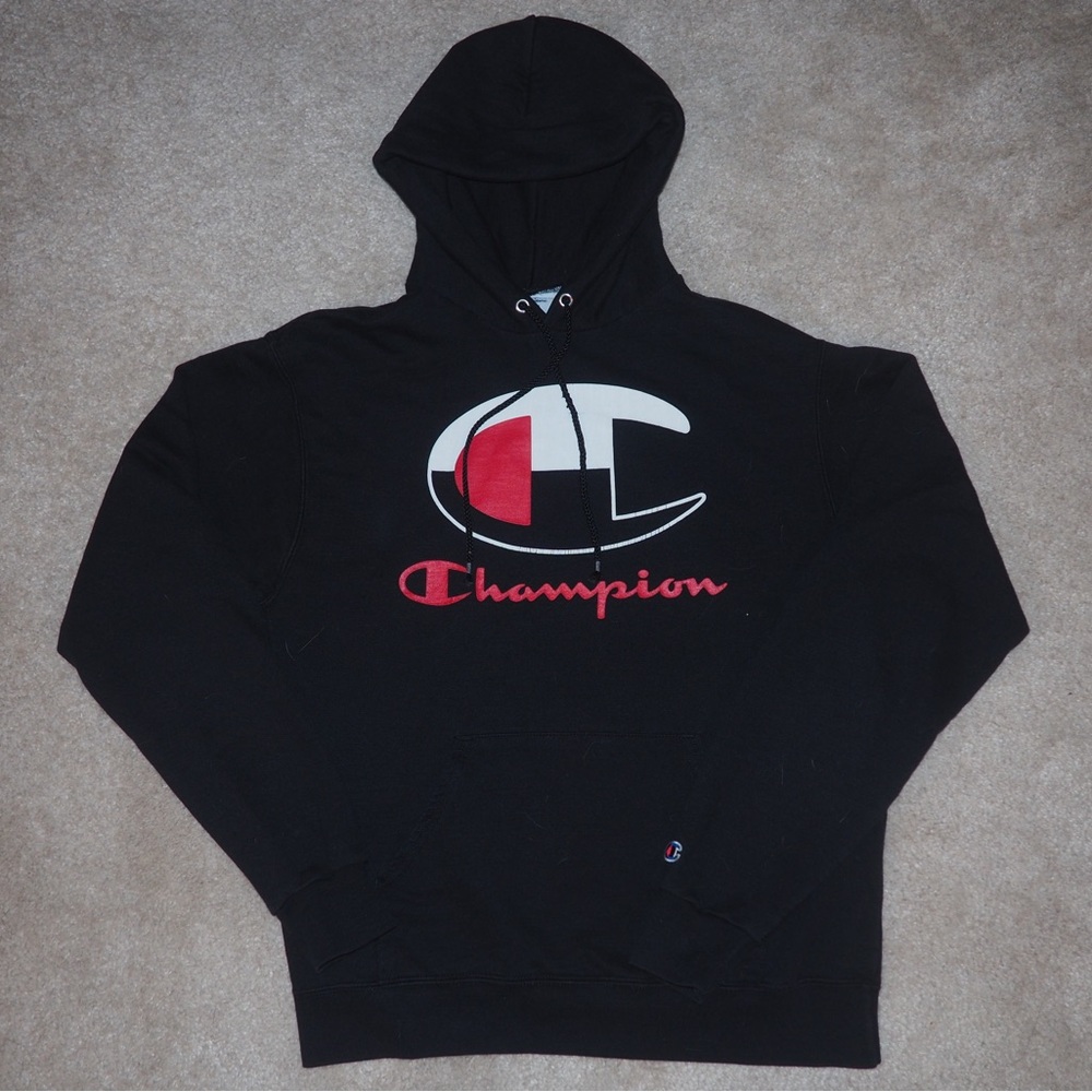 Black Men's Champion Hoodie
Size M
Red and White lettering